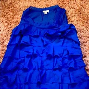 blue ruffled blouse